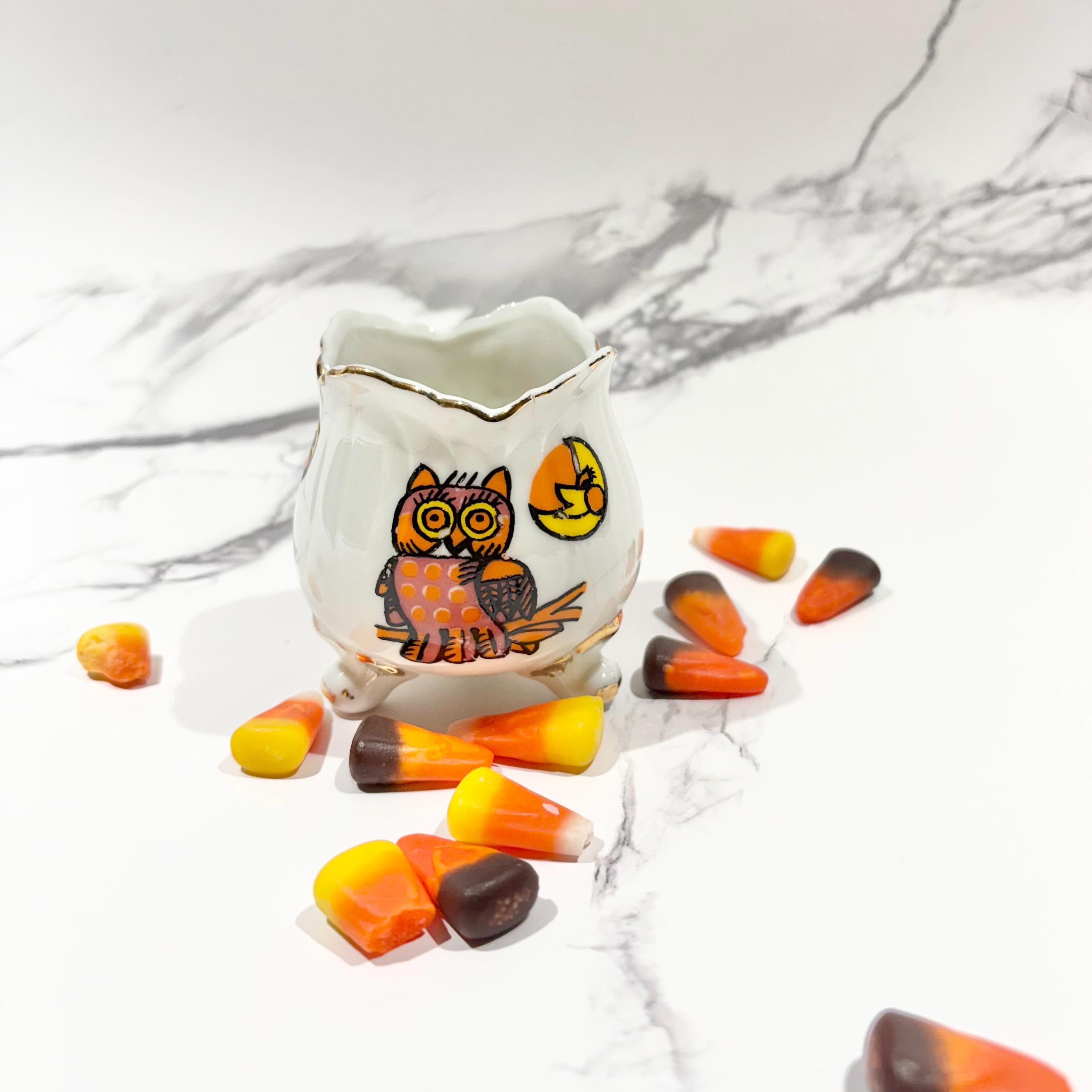 Vintage Porcelain Owl + Moon Toothpick Holder - Vintage Halloween