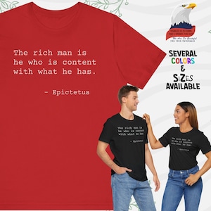 Reicher Mann T-Shirt Epiktet STOIC WISDOM Inspirierend Tshirt Motivations Top Stoizismus Bekleidung Gerechtigkeit Gang Mäßigkeit Shirt Philosophische Tee