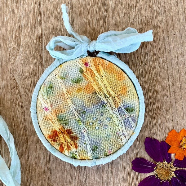 Eco Printed Embroidery Hoop Art - Purple and Orange - Naturally Dyed Upcycled Fabric and Ribbon - Botanical Wall Art - Nature Wall Art