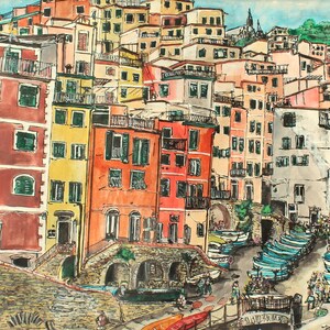 May include: A watercolour painting of a colourful Italian village with buildings stacked on top of each other. The village is located on a hillside overlooking a body of water. There are boats docked in the water.