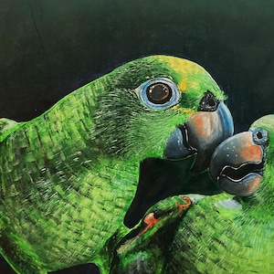 Original Art - ‘Emerald Companions’ Pair of Green Parrots - Painting with acrylic on paper with brushes