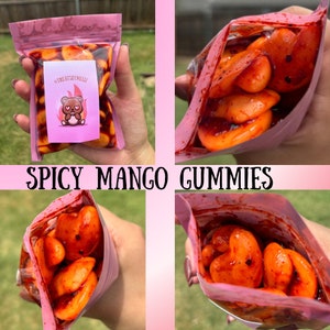Chamoy spicy mango candy, Dulces enchilados, Mexican snacks, anillos de sandia chamoy, Spicy candy treats, sweet and spicy party treats