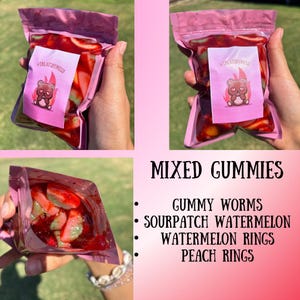 May include: Pink resealable bags filled with mixed gummies. The bags have a label with a bear graphic and the text "TREATSBYMELLI". The image also shows the text "MIXED GUMMIES" and lists the gummy flavors: gummy worms, sourpatch watermelon, watermelon rings, and peach rings.