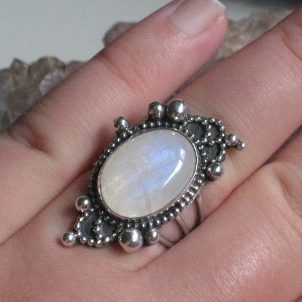 Good Evening Moon- Rainbow Moonstone and Sterling Ring