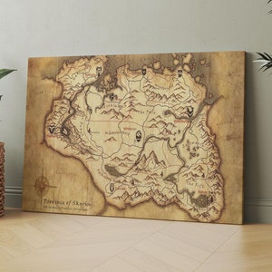 Skyrim-kaartafdruk, The Elder Scrolls-kaart, kaart van Tamriel canvas, provincie Skyrim poster, game art kaart, game poster cadeau, vintage muurkunst