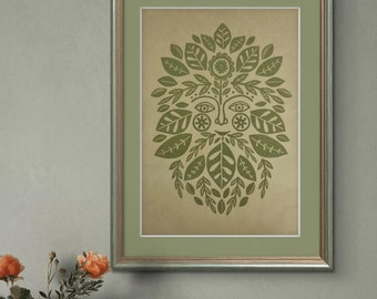 Green Man Original Lino Print - Modern Style