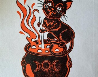 Halloween Witches Cat 'Familiar' Hand Printed Wall Art