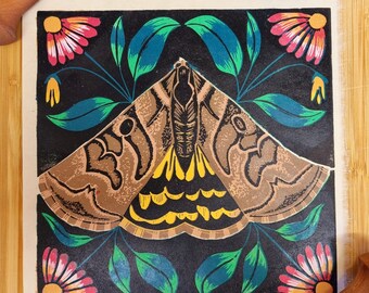 Mother Shipton Moth - Limited Edition Reduction Lino Print Wall Art Folk art
