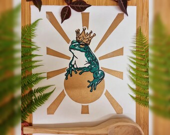Frog Prince "Kiss That Frog" Lino Print - Fairy tale Wall Art
