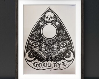 Ouija Board Planchette Lino Print wall art. Hand Printed. Stuffed Ornament. Decoration