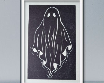 Little Ghost Lino Print - cute wall art, paranormal gift