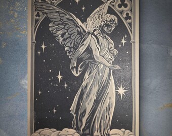 Angel Of Light - Limited Edition Reduction Lino print Angel Statue with Stars