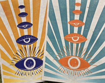 See! Third Eye Psychedelic Lino Print Art - A4, Colourful Eyes