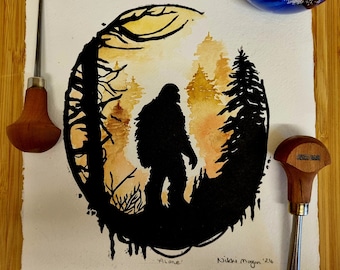 Big Foot Lino Print and Watercolour Art. Paranormal and Unusual wall art and gift.
