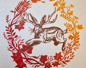Autumn Jackalope Lino Print Wall Art Mythical Creature