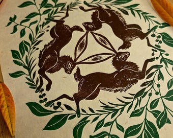The Three Hares - A4 Handmade Lino print Artwork