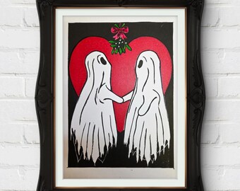 Romantic Ghosts A5 Hand Made Lino Print Wall Art