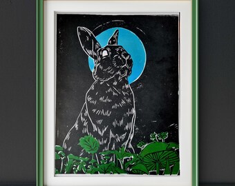 The Rabbit who loved the Moon - Lino hand printed wall art
