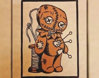 Voodoo Doll Lino Print Wall Art "Thinking of You" Alternative Gift