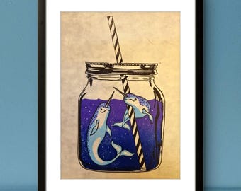 Narwhal Cute Lino Print 'Jarwhals' Linocut Handmade Mason Jar Wall Art