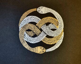 The Neverending Story "Auryn" Magical Medallion Lino Print in Gold and Silver. Wall art.