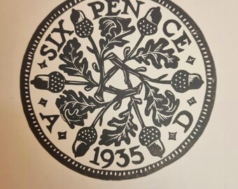 Lucky Six Pence Coin/Lucky Farthing Coin Lino Print - A5 Cute Money Art