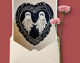 Love You Always - loving ghost couple lino print wall art. Spooky cute paranormal print