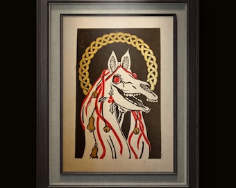 Mari Lwyd Lino Print - Traditional Welsh Christmas Tradition Wall Art