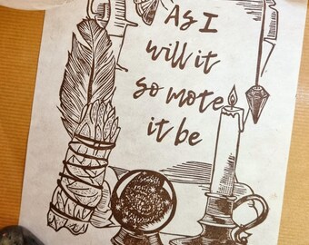 Witch Scroll Spell Ending 'So Mote It Be' Lino print