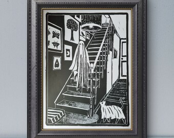 The Ghosts on my Stairs Lino Print Large. Paranormal wall art.
