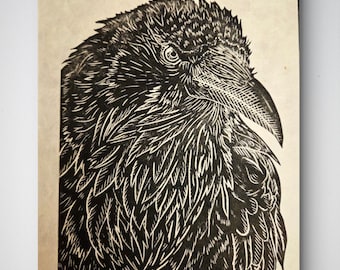Raven A5 Hand Carved Lino Print - Birds and Nature Art