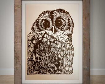 Tawny Owl - Lino Print. A5 Wall Art