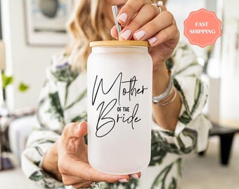 Gift for Mother of the Bride, 16oz Frosted Glass Cup with Bamboo Lid and Straw, Custom Name, Wedding Gift, Mother&#39;s Day Gift