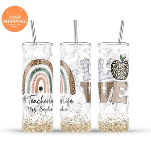 Personalized Teacher Tumbler: Cheetah Rainbow Print, Stainless Steel (20 oz)