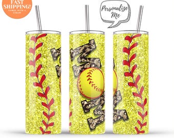 Gift for Softball Mom, 20oz Tumbler with Straw, Glitter Leopard Softball Design, Insulated Travel Mug, Sports Mom Gift