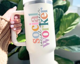 Gift for School Social Worker, 40oz Tumbler with Handle and Straw, Custom Name, Floral Retro Social Worker Design, Insulated Travel Mug