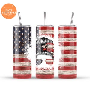 American Mama Messy Bun Tumbler: Patriotic Mom 4th of July Gift
