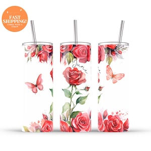 Gift for June Birthdays, 20oz Tumbler with Straw, Rose Floral Design, Birth Month Flower, Insulated Travel Mug, Summer Birthday Gift