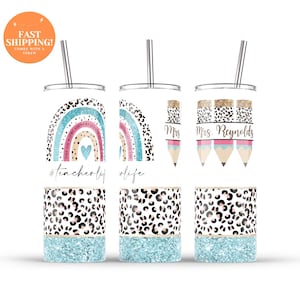 Personalized Teacher Tumbler: Rainbow Cheetah Print, Stainless Steel