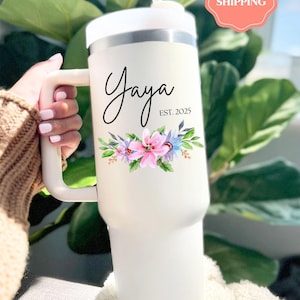 Gift for Mom, 40oz Tumbler with Handle and Straw, Custom Name Jaya & Floral Design, Insulated Travel Mug, Birthday Gift for Her