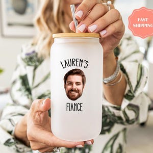 Gift for Fiance, 16oz Frosted Glass Cup with Bamboo Lid and Straw, Custom Face Tumbler, Engagement Gift, Personalized Boyfriend Gift