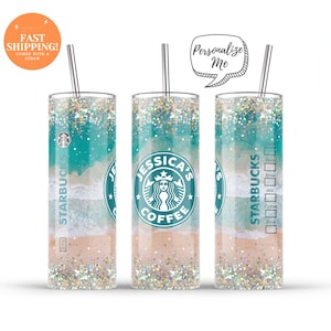 Beach Vibe Glitter Starbucks Tumbler: Personalized Ocean Theme Coffee Cup