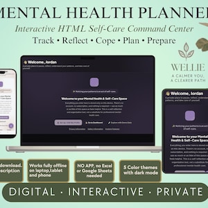 May include: A digital mental health planner displayed on a laptop, tablet, and smartphone screen. The interface features dark purple backgrounds with white text, including the title Mental Health Planner and the greeting Welcome, Jordan.