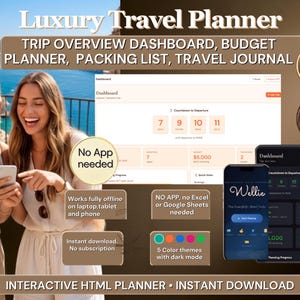 Interactive HTML Travel Planner | Itinerary, Budget, Packing Journal (Digital Download)