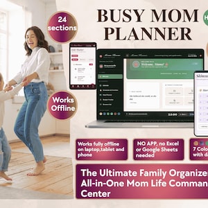 May include: A digital Busy Mom Planner displayed on a laptop and mobile devices, featuring 24 sections, offline functionality, and 7 colour themes. The interface includes a skincare tracker, daily overview, and family organiser tools for managing life.