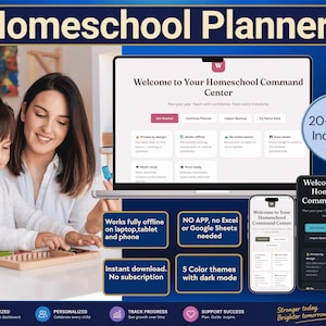 May include: A digital homeschool planner displayed on a laptop, smartphone, and tablet screen. The interface features the text Welcome to Your Homeschool Command Center, 20+ Tools Included, and various functional buttons for planning and tracking.