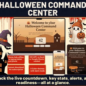 May include: A digital Halloween Command Center planner displayed on a laptop, tablet, and phone screen. The interface features a countdown timer, text reading Welcome to your Halloween Command Center, and various planning categories. The design includes orange and black graphics of a ghost, a pumpkin, a witch hat, and a haunted house.