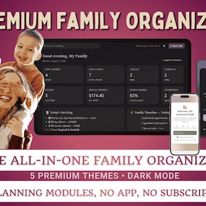 May include: A digital Premium Family Organizer dashboard displayed on a tablet, smartphone, and computer screen. The interface features dark mode, showing family events, tasks, chores, bills, and a timeline. Text includes Premium Family Organizer, The All-In-One Family Organizer, 5 Premium Themes, Dark Mode, 34 Planning Modules, No App, No Subscription.