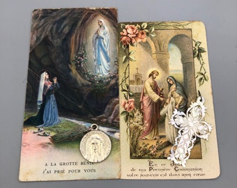 Vintage French Religious Ephemera Token and Pierced Mother of Pearl Cross