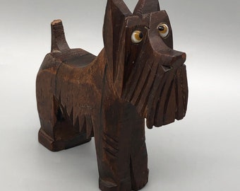 Vintage Wooden Carved Terrier Dog with Glass Eyes